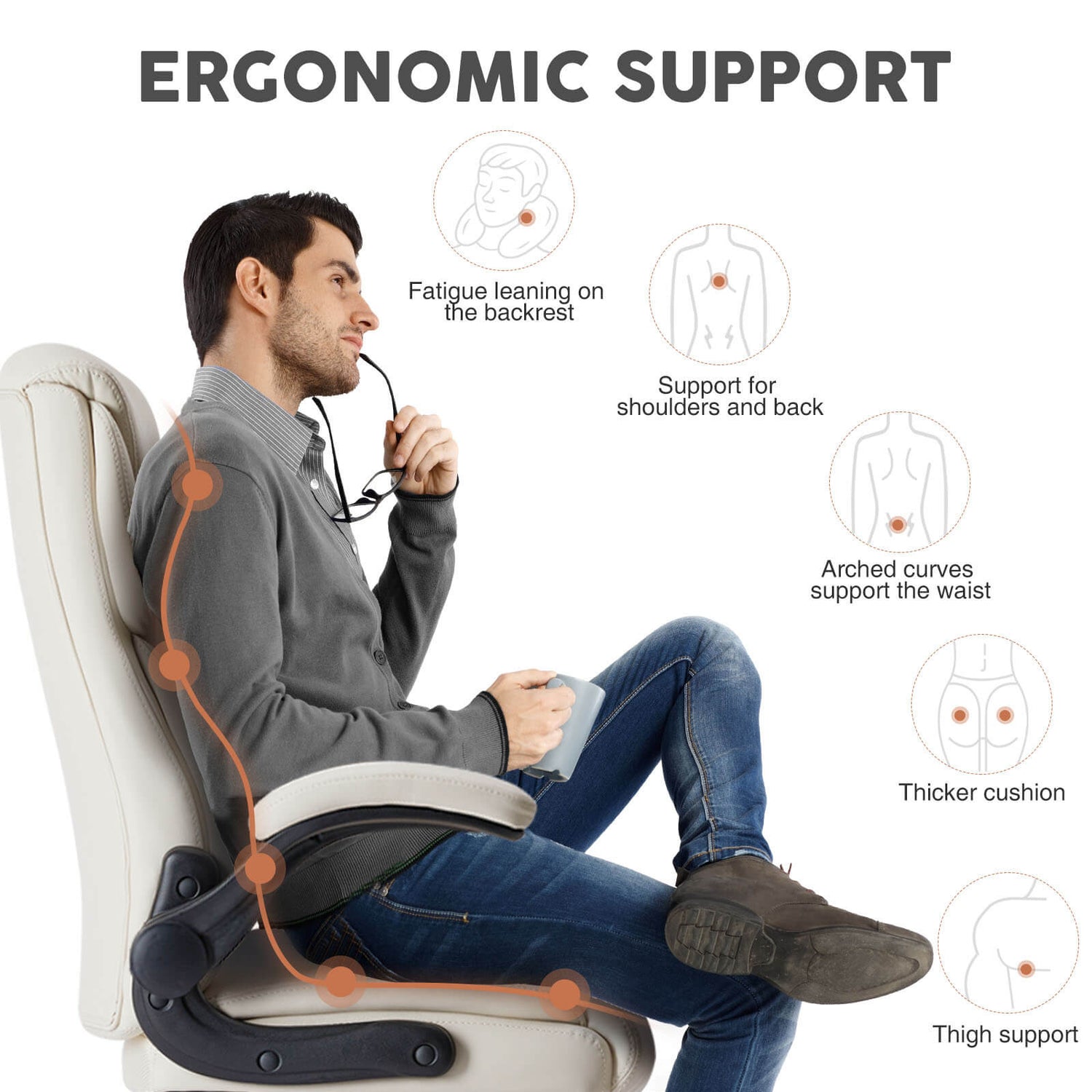 A man sitting on a white leather office chair sold by WorkZen Interiors