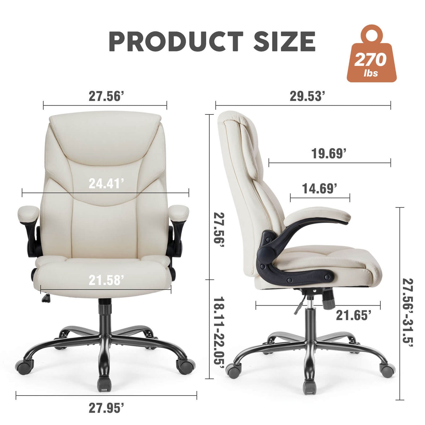 Dimensions of a white leather office chair sold by WorkZen Interiors