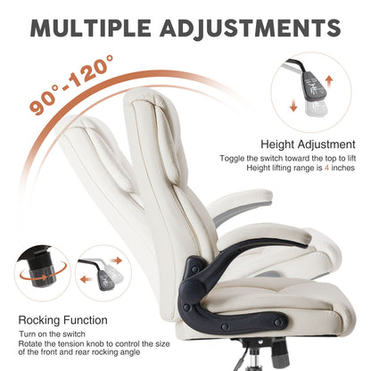 A white leather office chair sold on WorkZen Interiors showing multiple adjustments