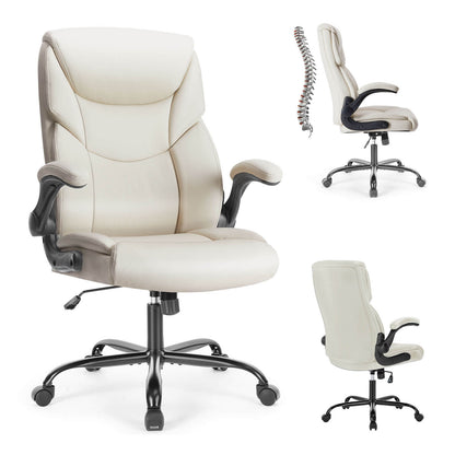 A white leather office chair sold by WorkZen Interiors