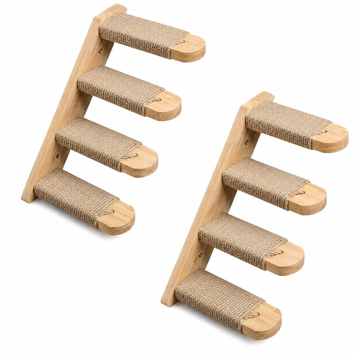 Two wooden step cat trees with natural jute rope wrapped steps, shown on a plain white background.