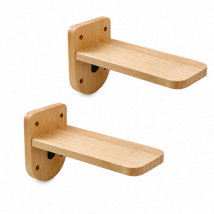 Two light natural wood wall-mounted shelf brackets shown on a plain white background.