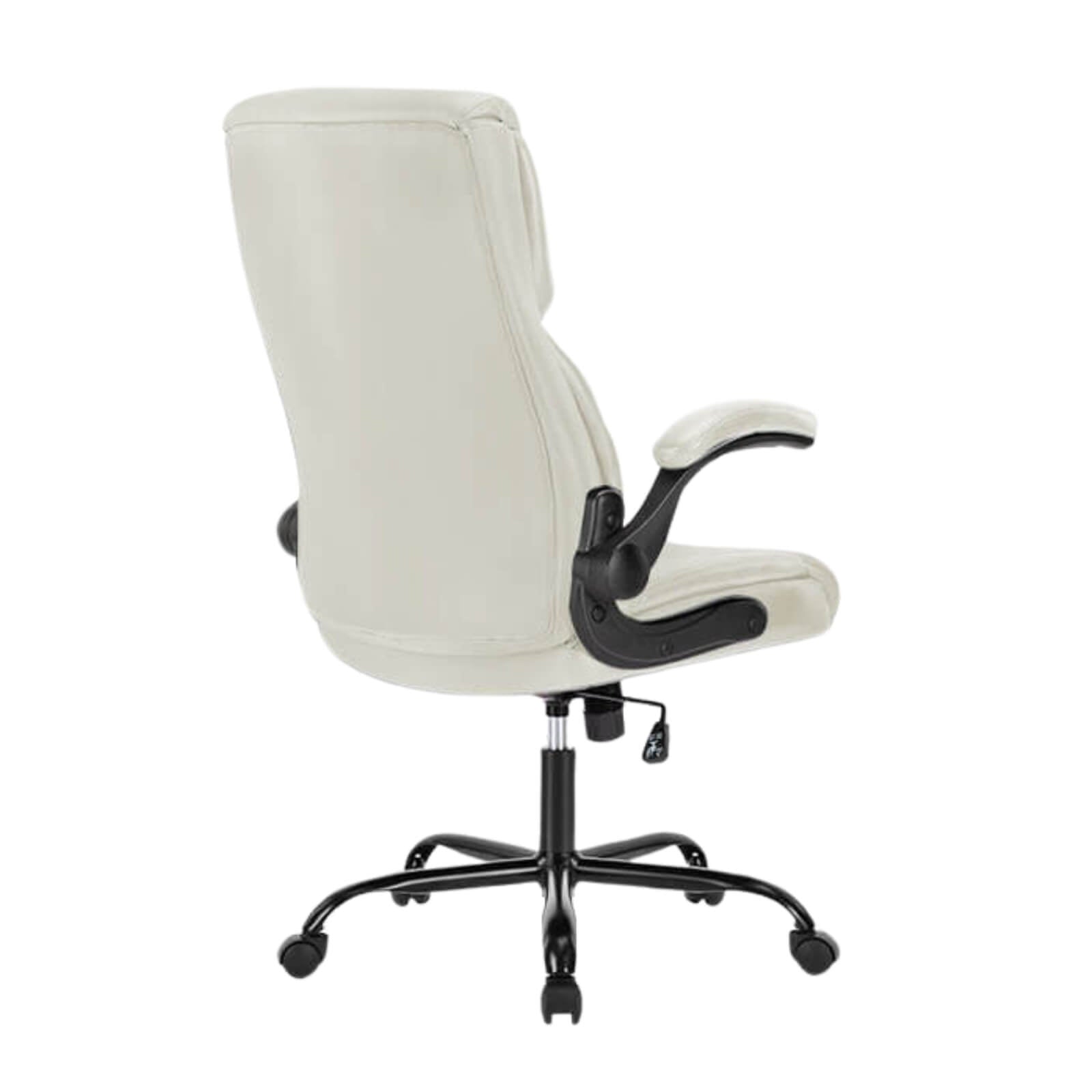 The back of a white leather office chair sold by WorkZen Interiors