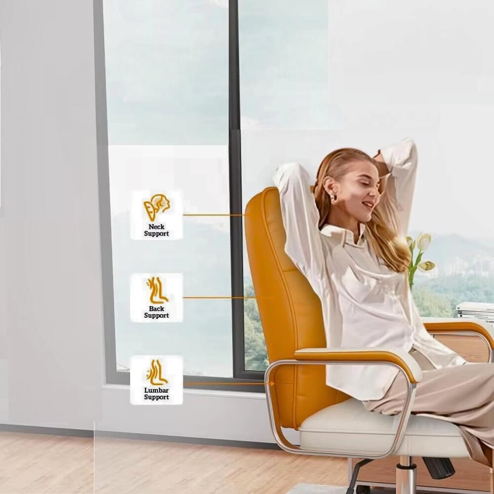 A woman sitting on a brown office chair sold by WorkZen Interiors