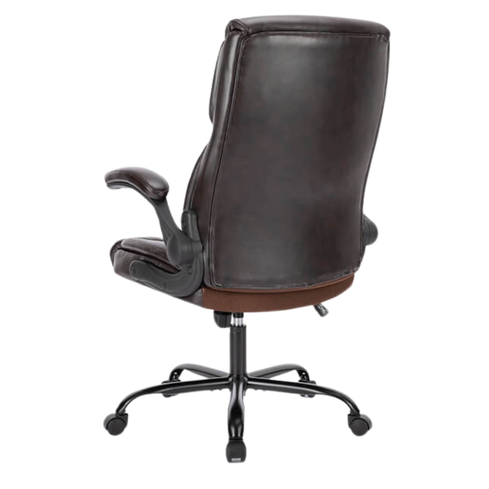 The back of a brown leather office chair sold by WorkZen Interiors