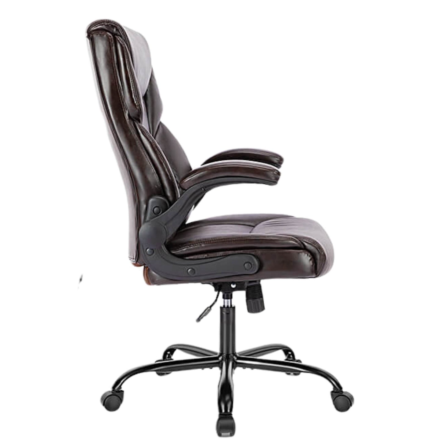 The side of a brown leather office chair sold by WorkZen Interiors
