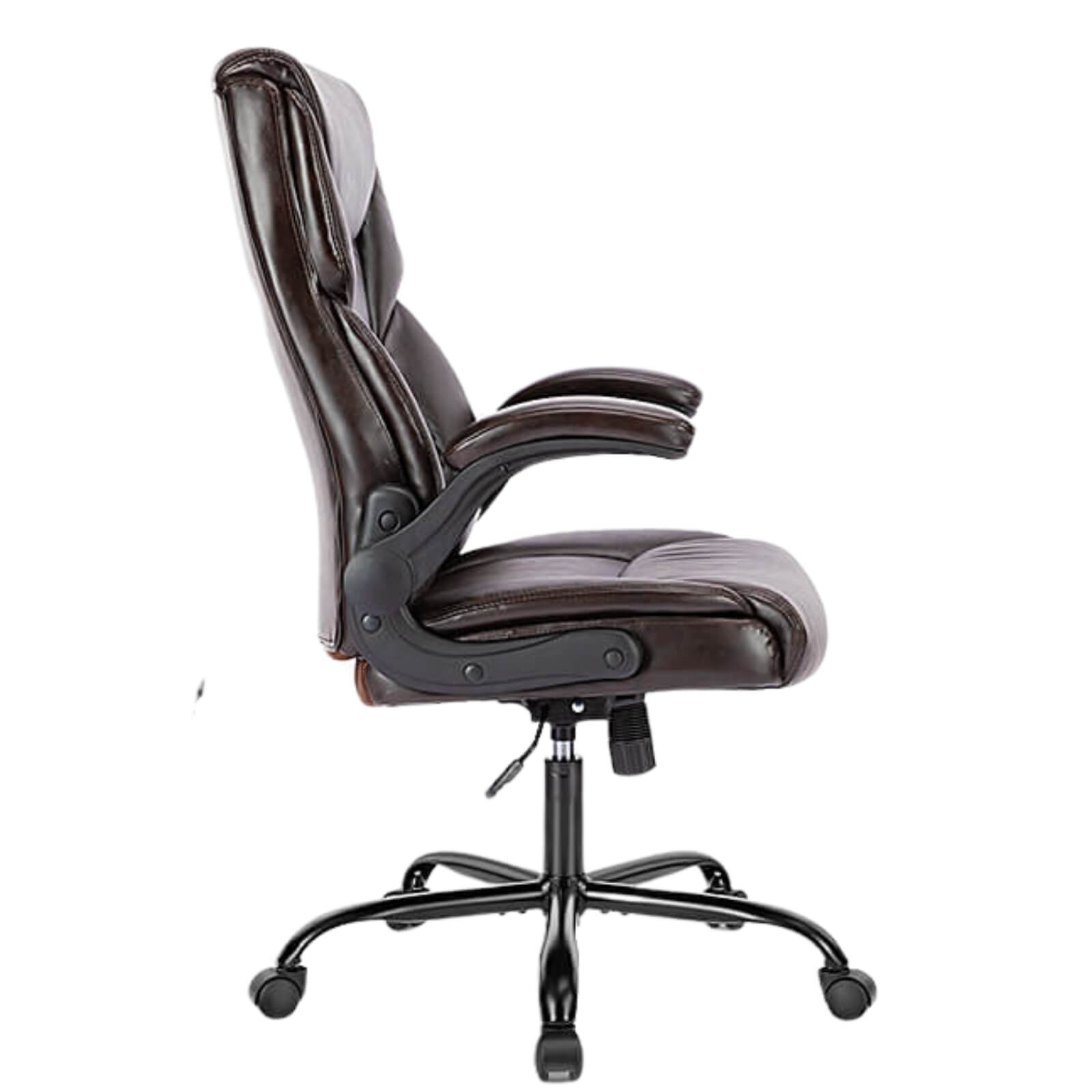 The side of a brown leather office chair sold by WorkZen Interiors