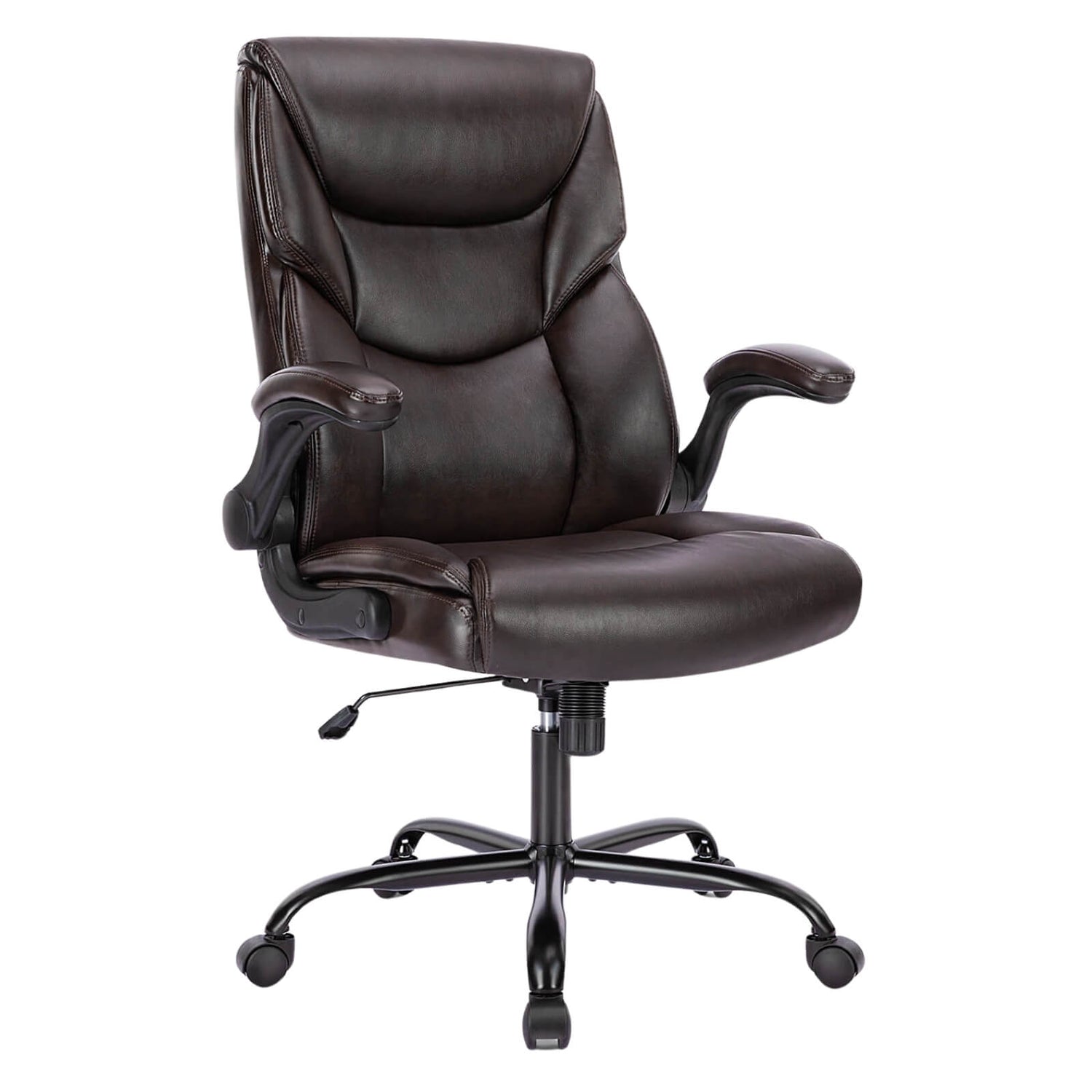 A flip handle armrest brown leather office chair sold by WorkZen Interiors
