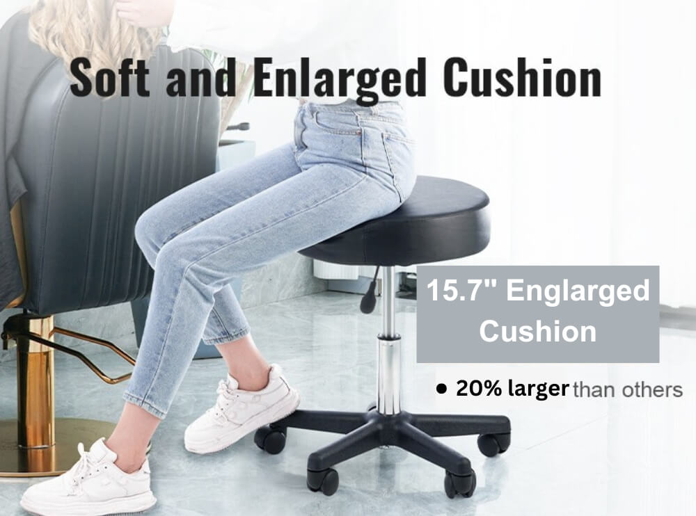 A leather stool with a woman sitting on it.