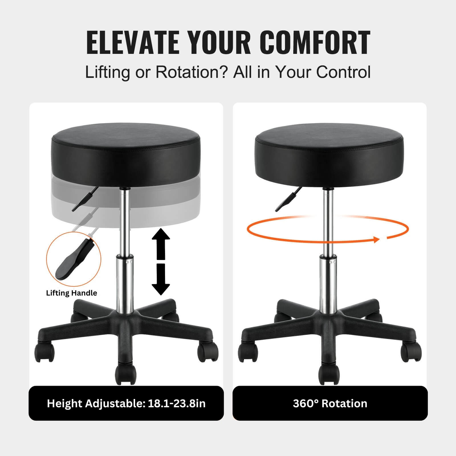 The height adjustment function of a 400 lbs black leather stool sold by WorkZen Interiors