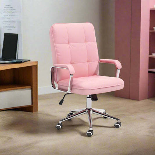 A pink office chair used in an office environment.