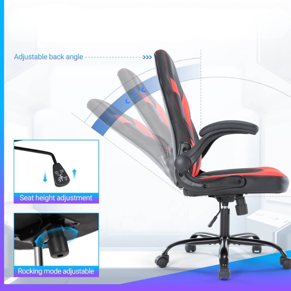 The adjustability of the backrest of a  red racing game chair