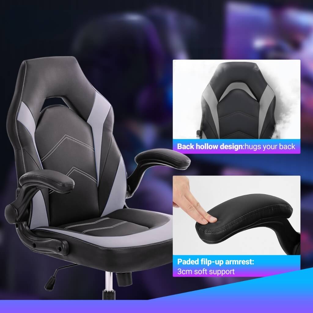  A gray racing game chair showing its component parts
