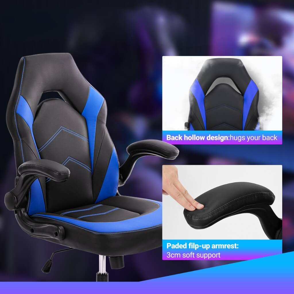 A blue racing game chair showing its component parts