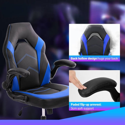  A blue racing game chair showing its component parts