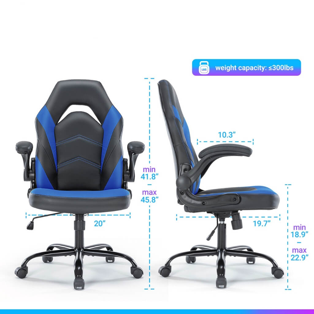 A dimension of a blue racing game chair