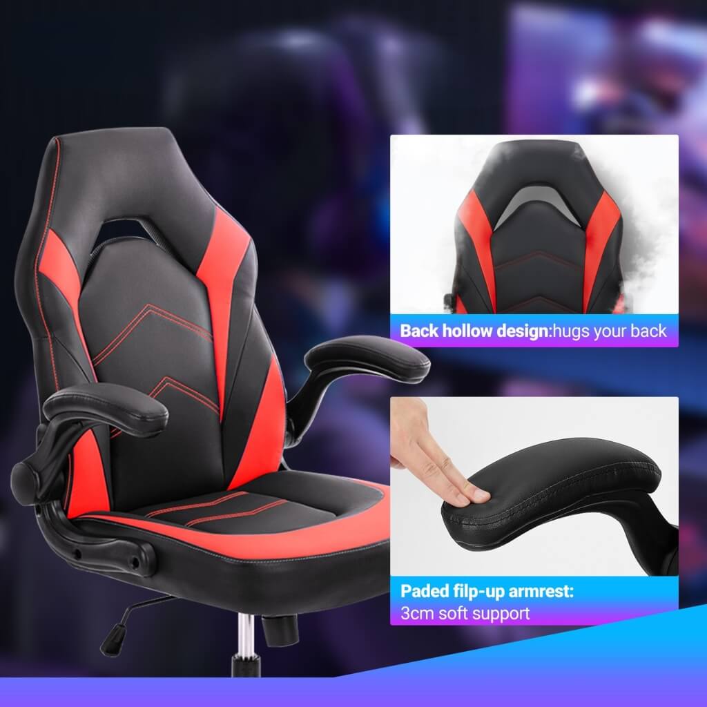  A red racing game chair showing its component parts