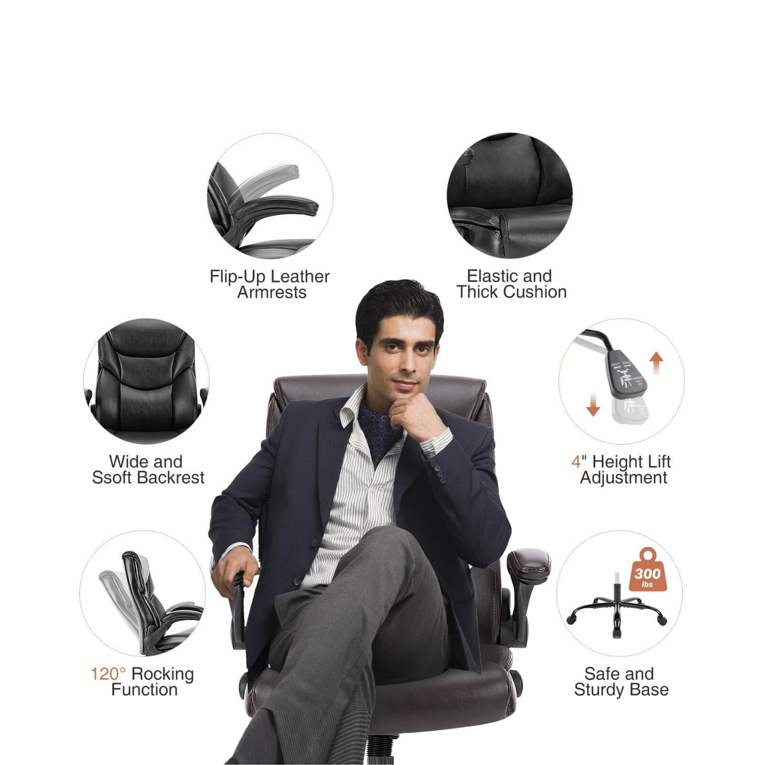 A man sitting on a brown leather office chair sold on WorkZen Interiors