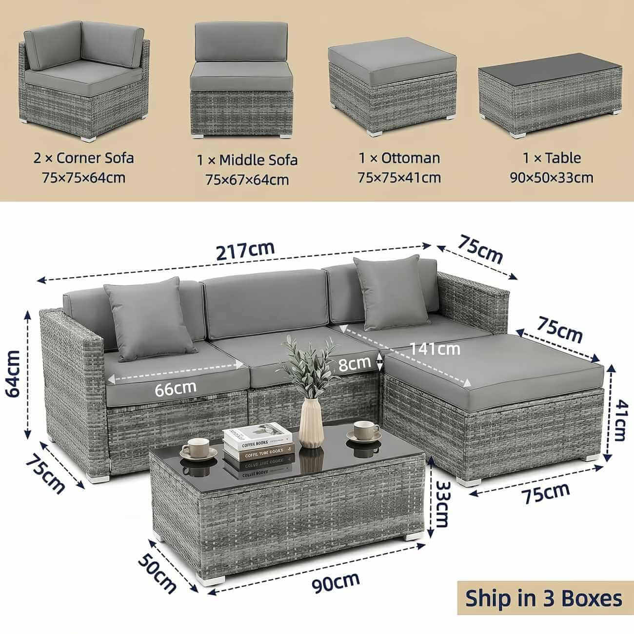 Gray outdoor furniture set with dimensions and packaging information on a beige background