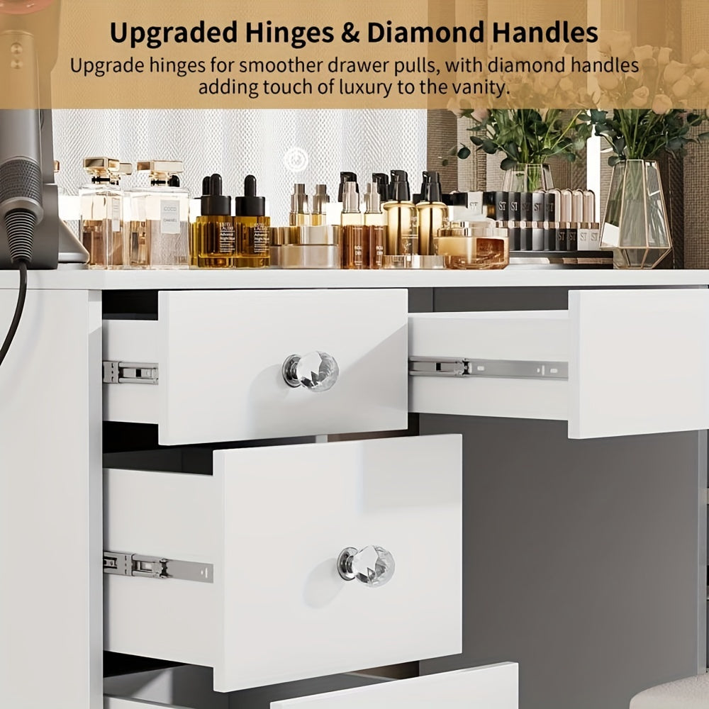 White vanity with diamond handles and upgraded hinges, featuring cosmetic bottles on top.