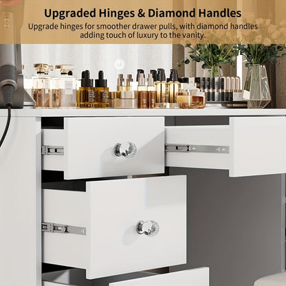 White vanity with diamond handles and upgraded hinges, featuring cosmetic bottles on top.