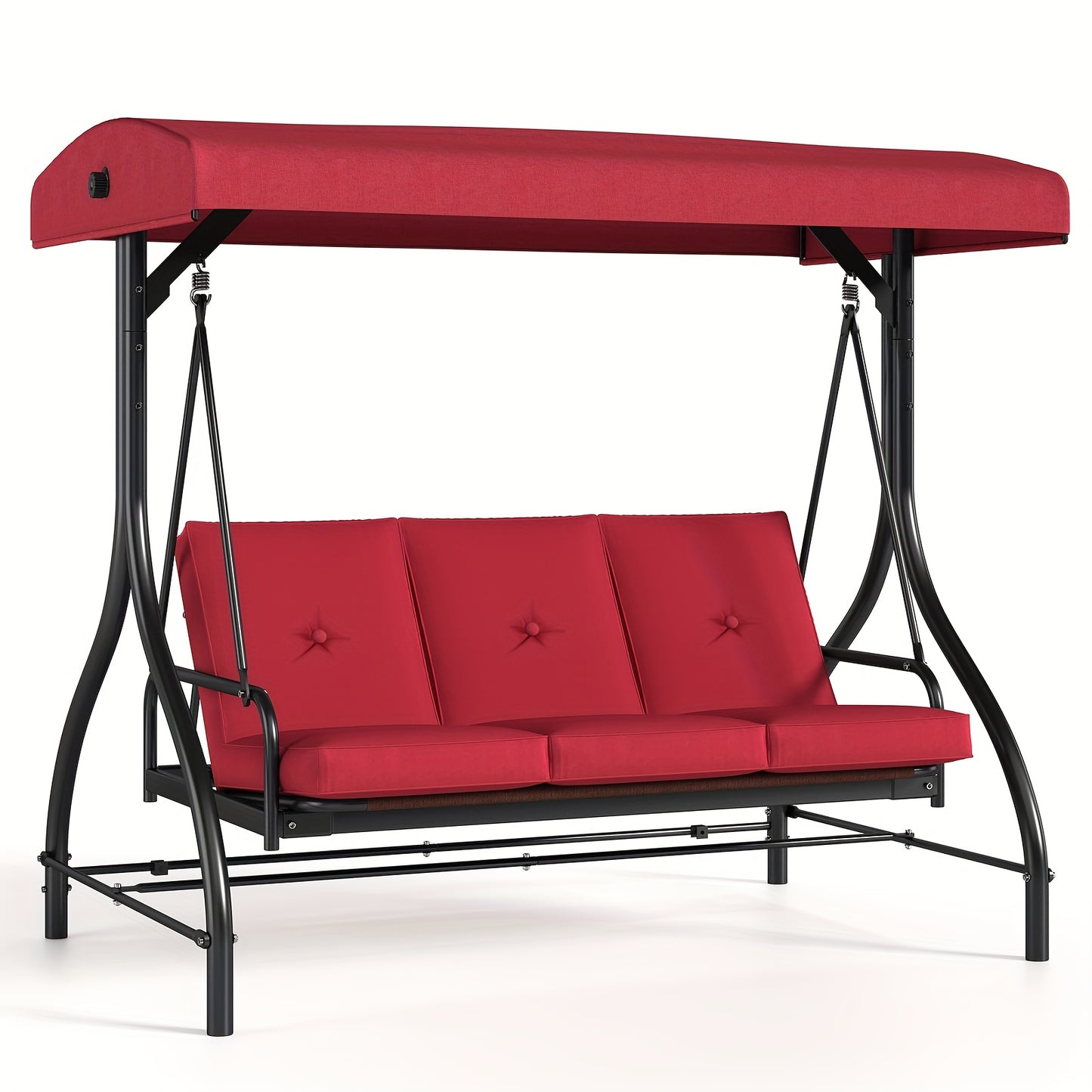 Red outdoor swing with black metal frame on a white background