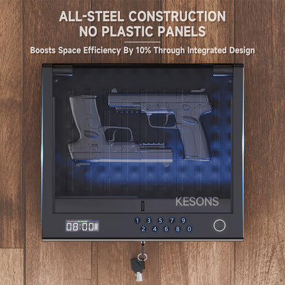 Hand gun safe with digital display and keypad on a wooden background.