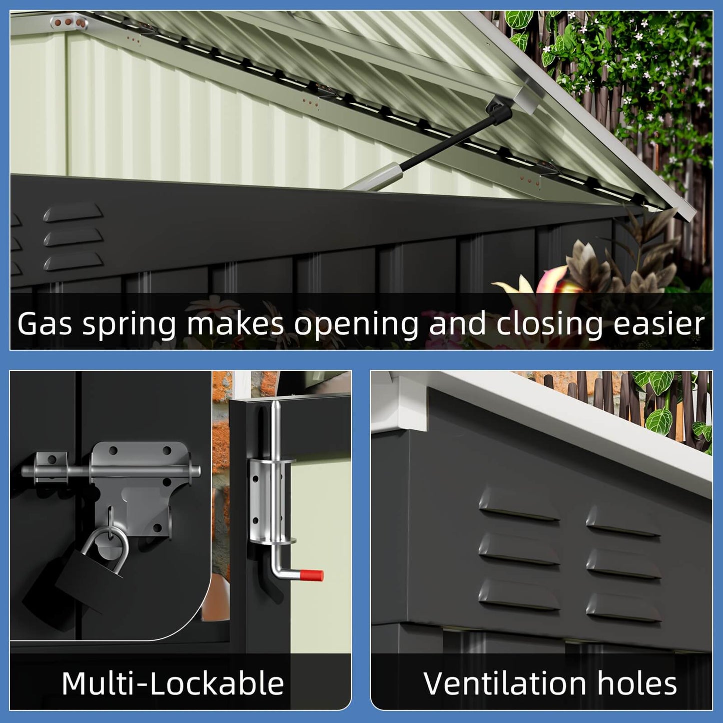 Garage door with gas spring mechanism, lockable feature, and ventilation holes.