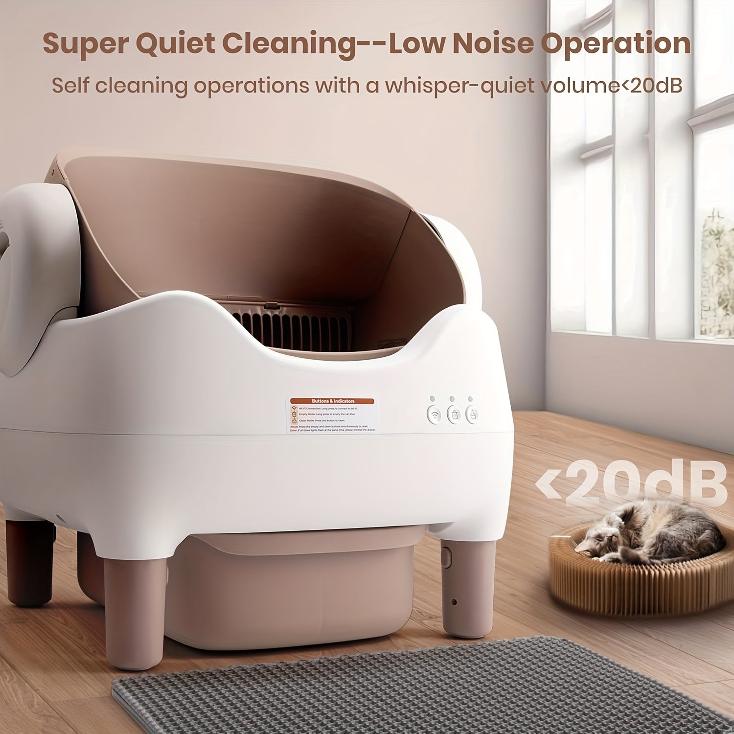 Cat litter box with 'Super Quiet Cleaning' text in a room setting.