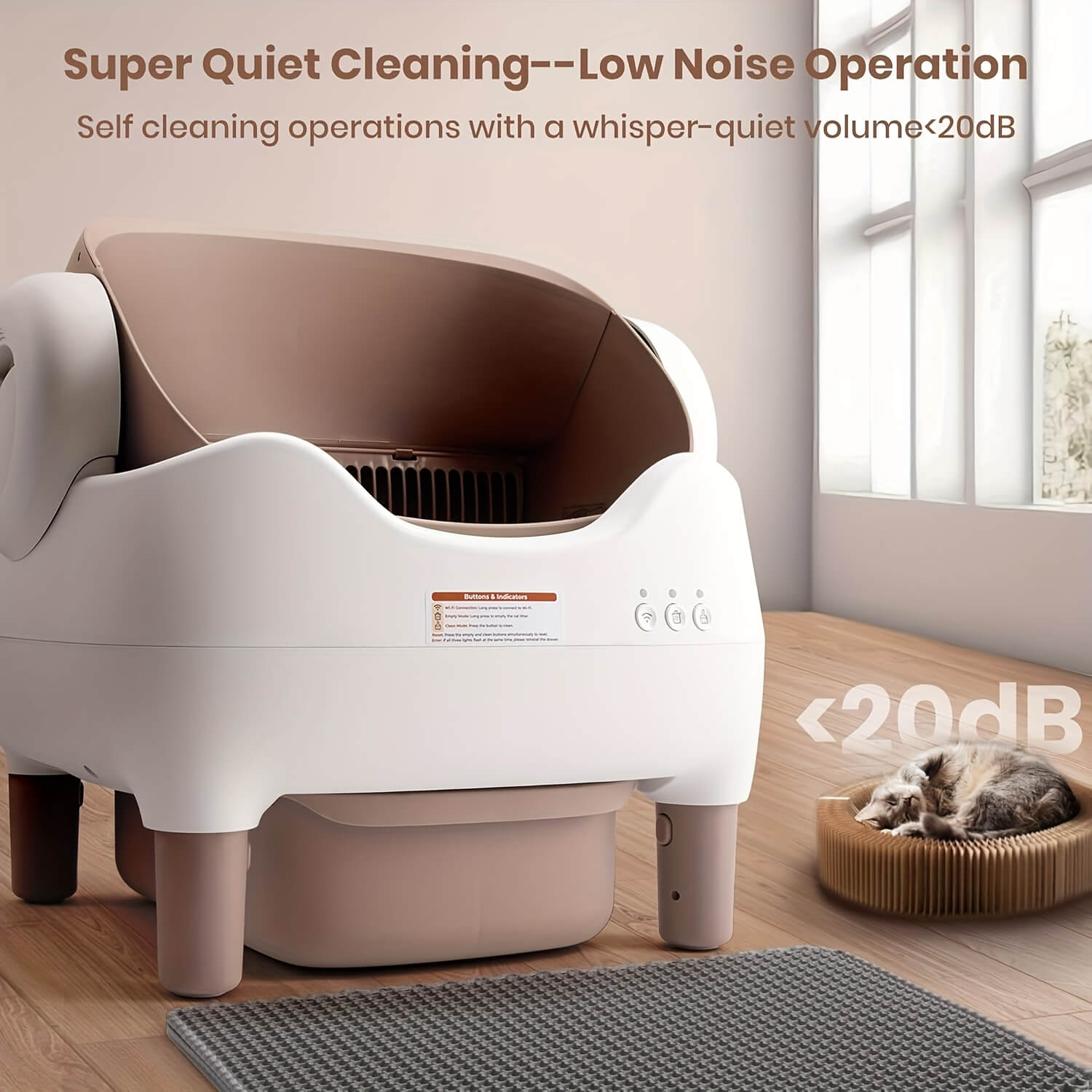 Cat litter box with 'Super Quiet Cleaning' text in a room setting.