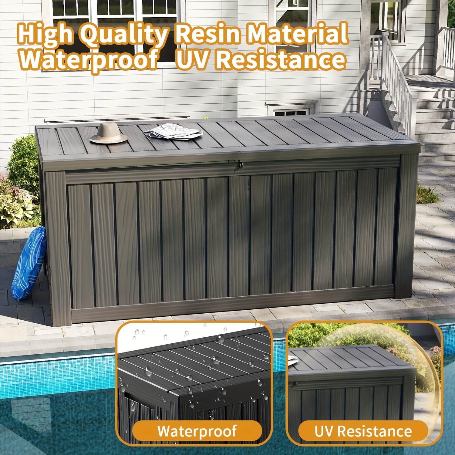 Gray resin storage box with waterproof and UV resistance features, placed outdoors near a pool.