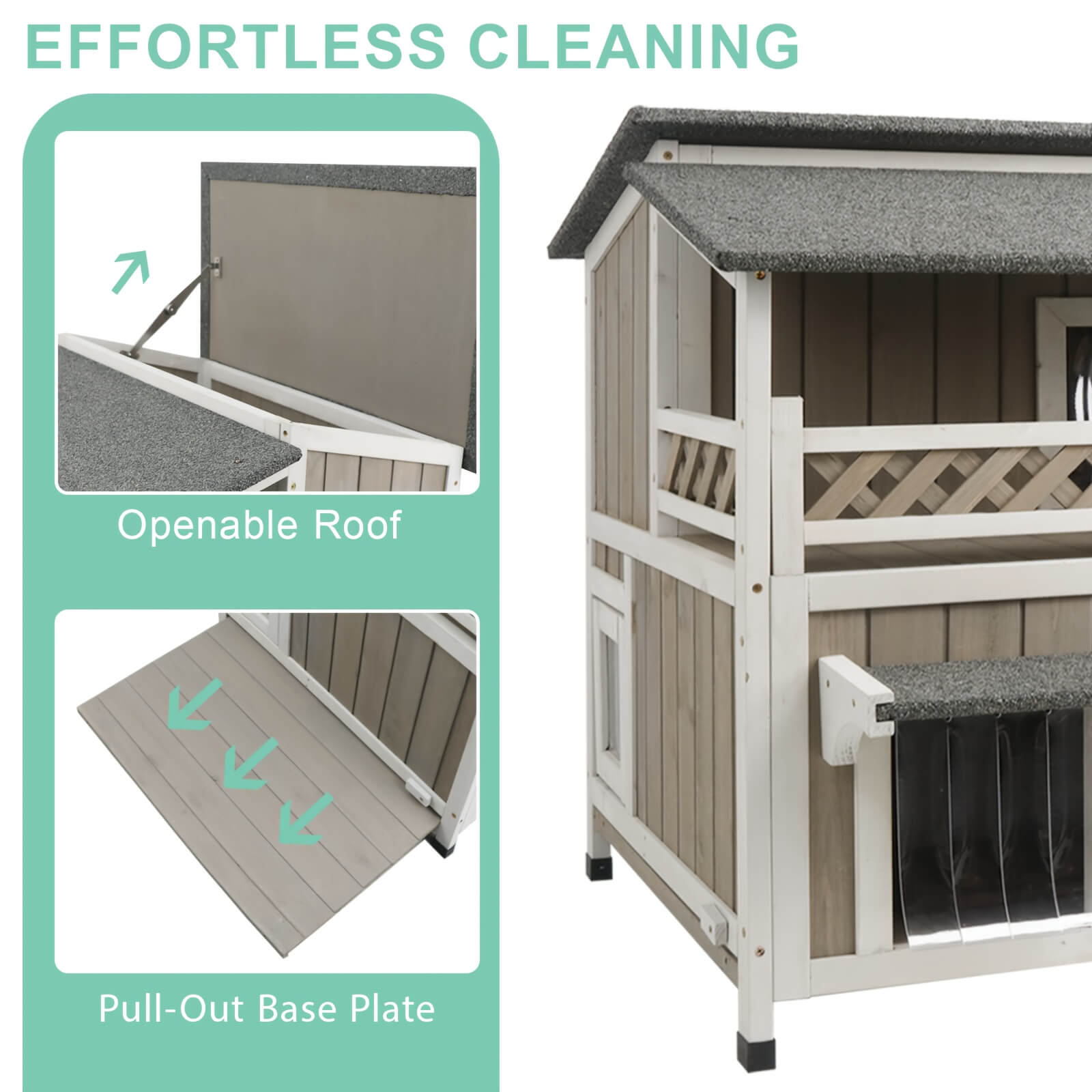 Outdoor pet house with openable roof and pull-out base plate, emphasizing effortless cleaning.