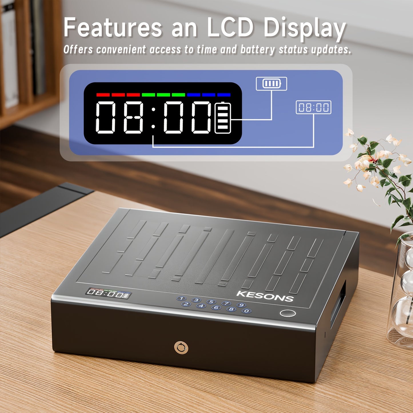 Hand gun safe with LCD display on a wooden surface