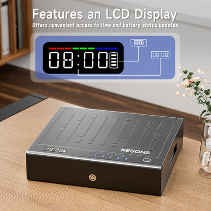 Hand gun safe with LCD display on a wooden surface