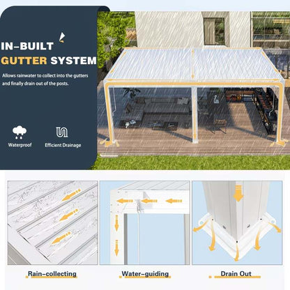Pergola with an in-built gutter system on a patio, featuring text and graphics about the system's features.
