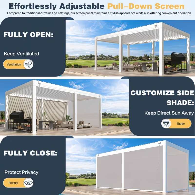 Adjustable pull-down screen system with outdoor setting, showing fully open, customizable side shade, and fully closed positions.