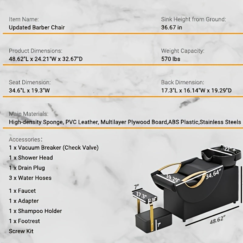 Product specifications of an updated salon backwash unit on a marble background