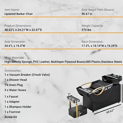 Product specifications of an updated salon backwash unit on a marble background