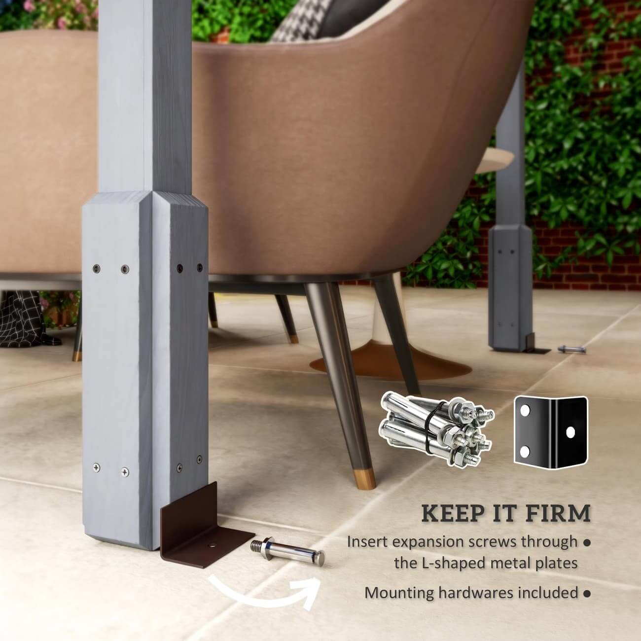 Metal leg support with screws and hardware for furniture on a patio setting.