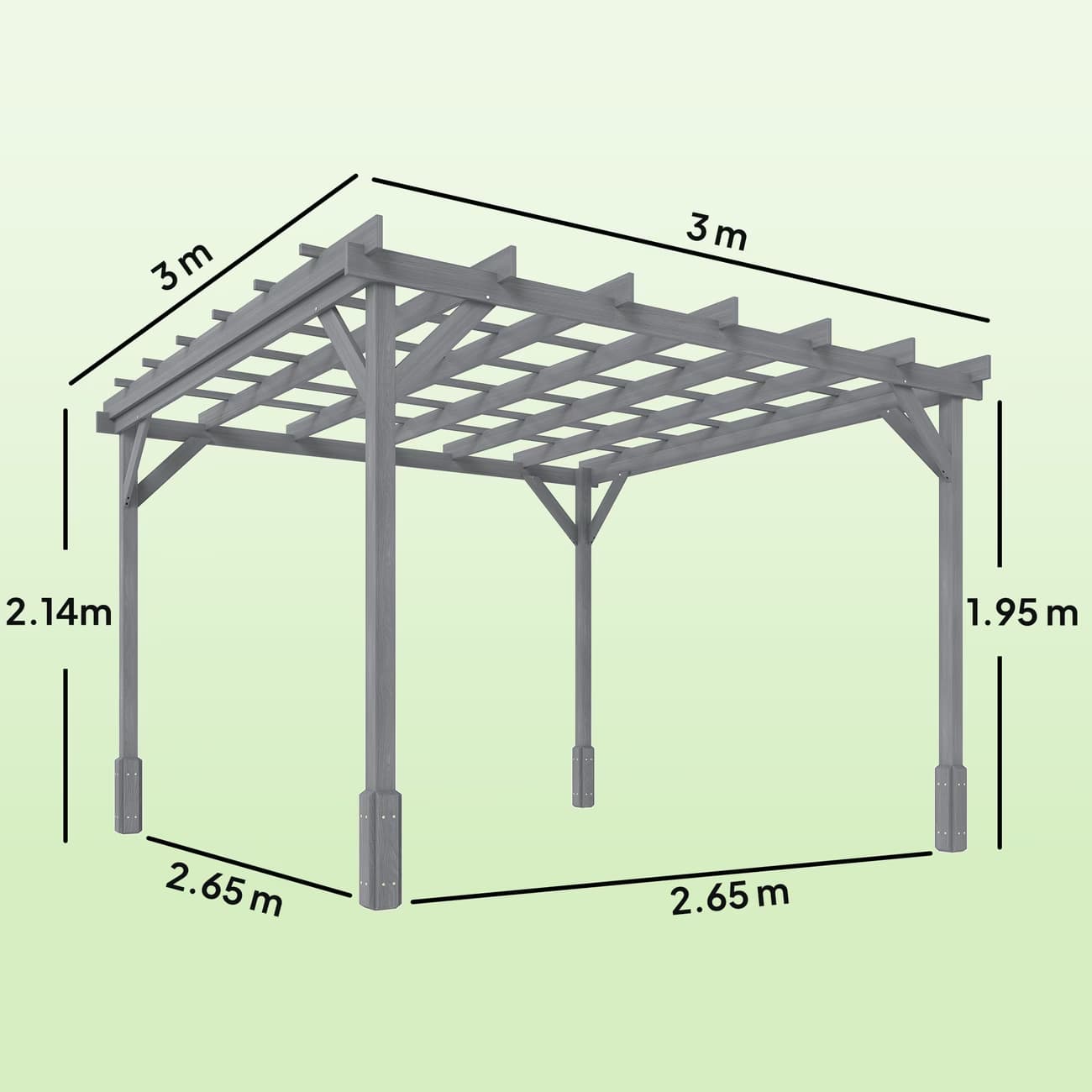 Measurement chart of a pergola structure with dimensions on a light green background