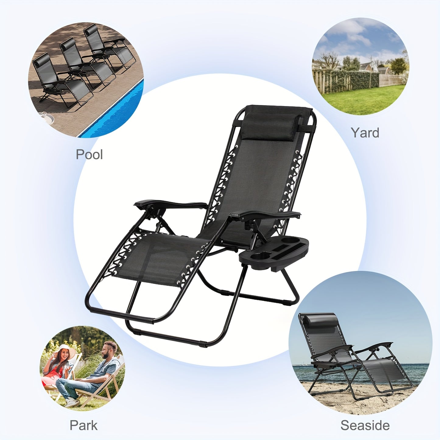 Black zero-gravity chair with cup holder on a light blue background, surrounded by circular images of pool, yard, park, and seaside.