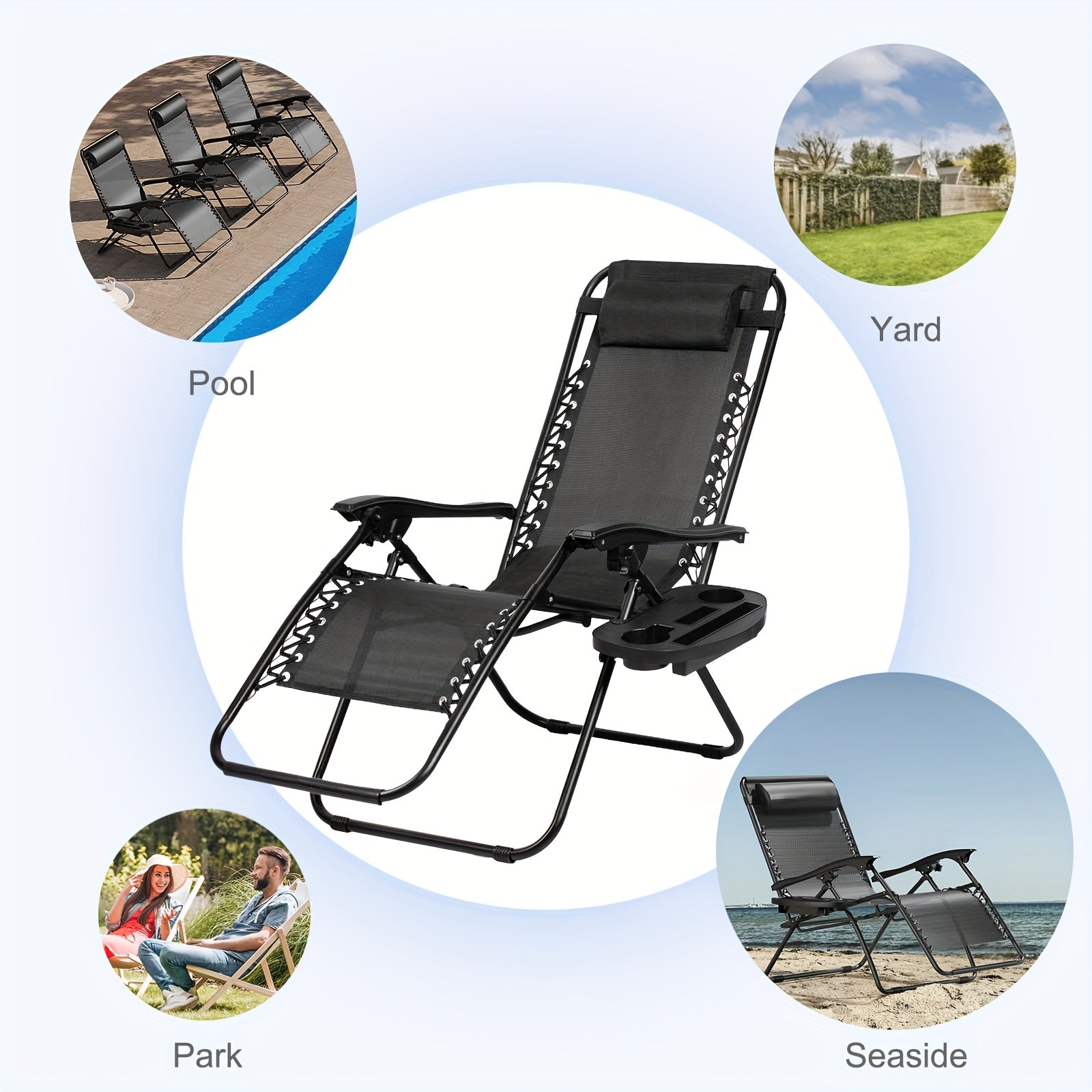 Black zero-gravity chair with cup holder on a light blue background, surrounded by circular images of pool, yard, park, and seaside.