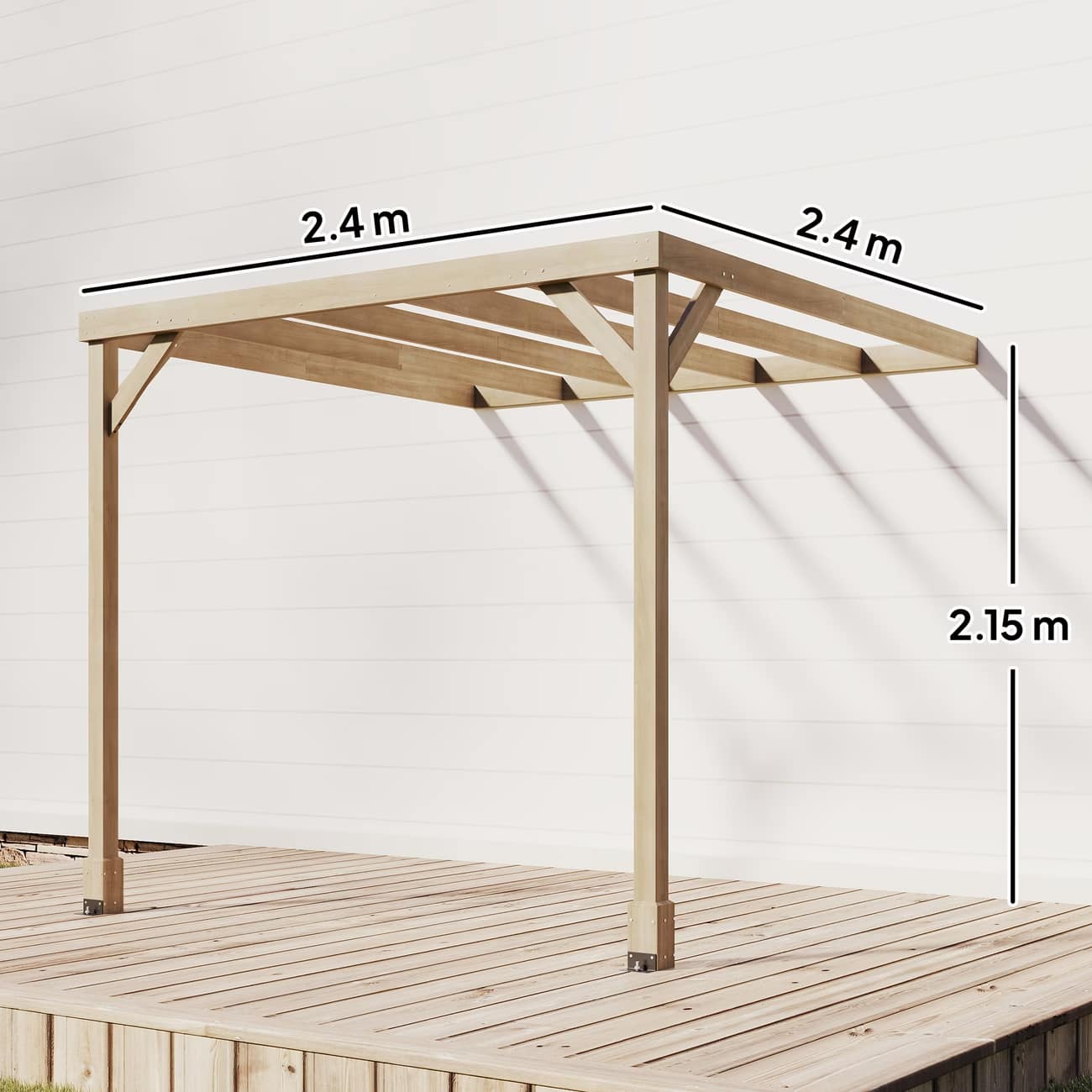 Wooden pergola with measurements on a white background