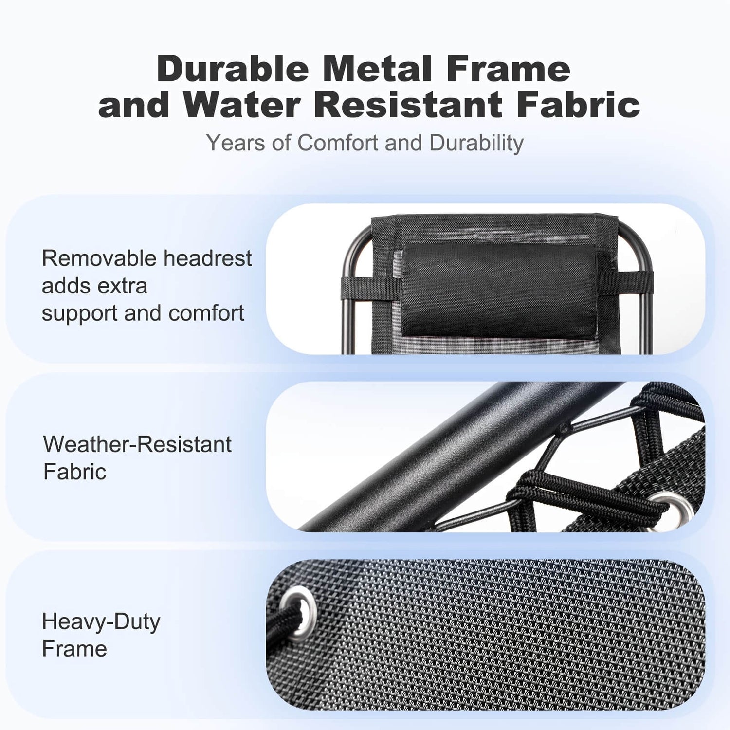 Camping chair with durable metal frame and water-resistant fabric, featuring a removable headrest.