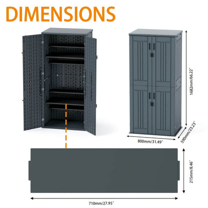 Gray Resin outdoor storage shed with open doors and dimensions labeled on a white background