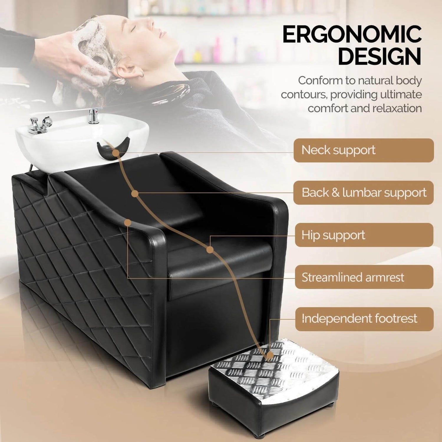 Ergonomic Stylish Salon Backwash Unit with features highlighted on a beige background