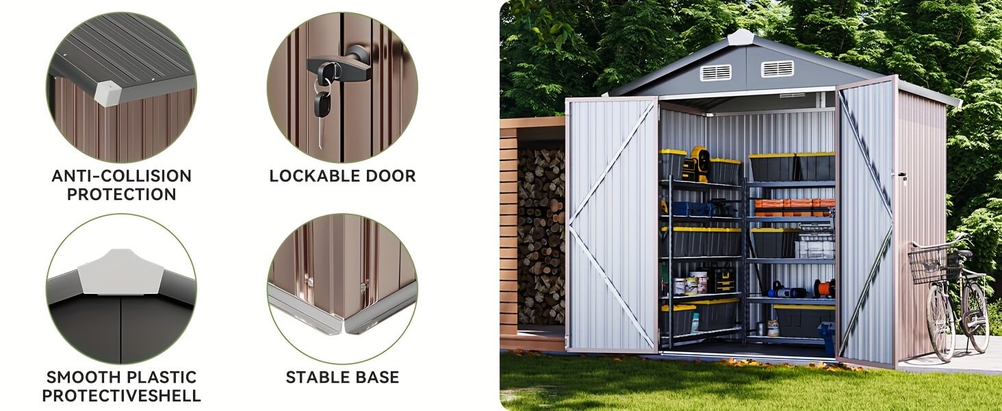 Metal storage shed with features highlighted on the left, set against a natural background.