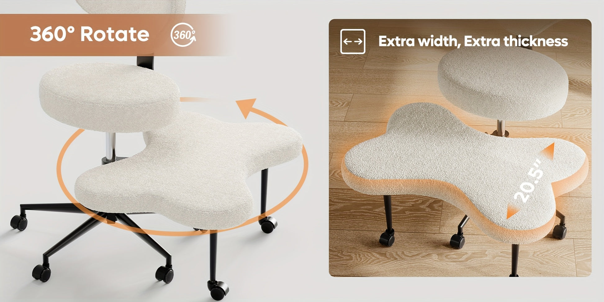 Chair with 360-degree rotation feature and additional width and thickness on a wooden surface.