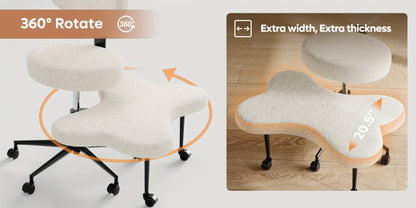 Chair with 360-degree rotation feature and additional width and thickness on a wooden surface.