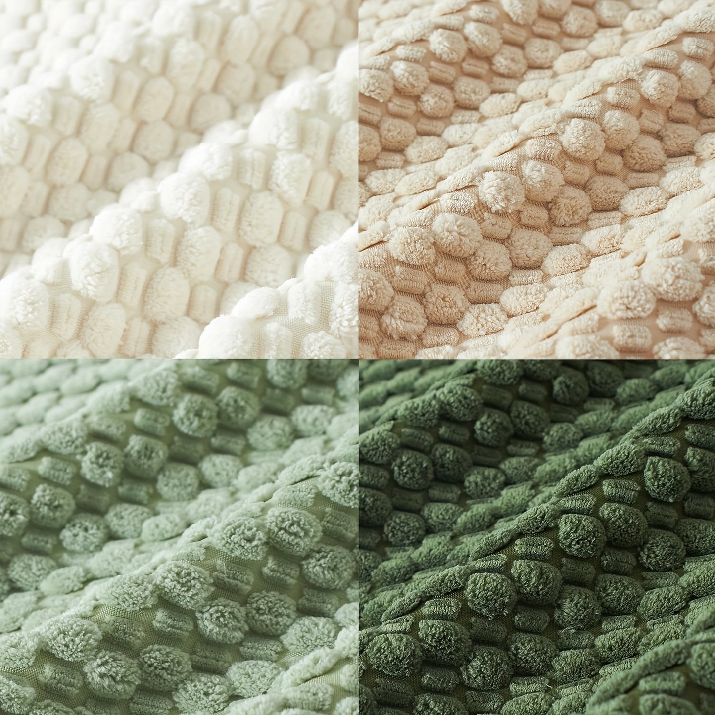 Four different textures of textured fabric in beige, pink, green, and dark green.